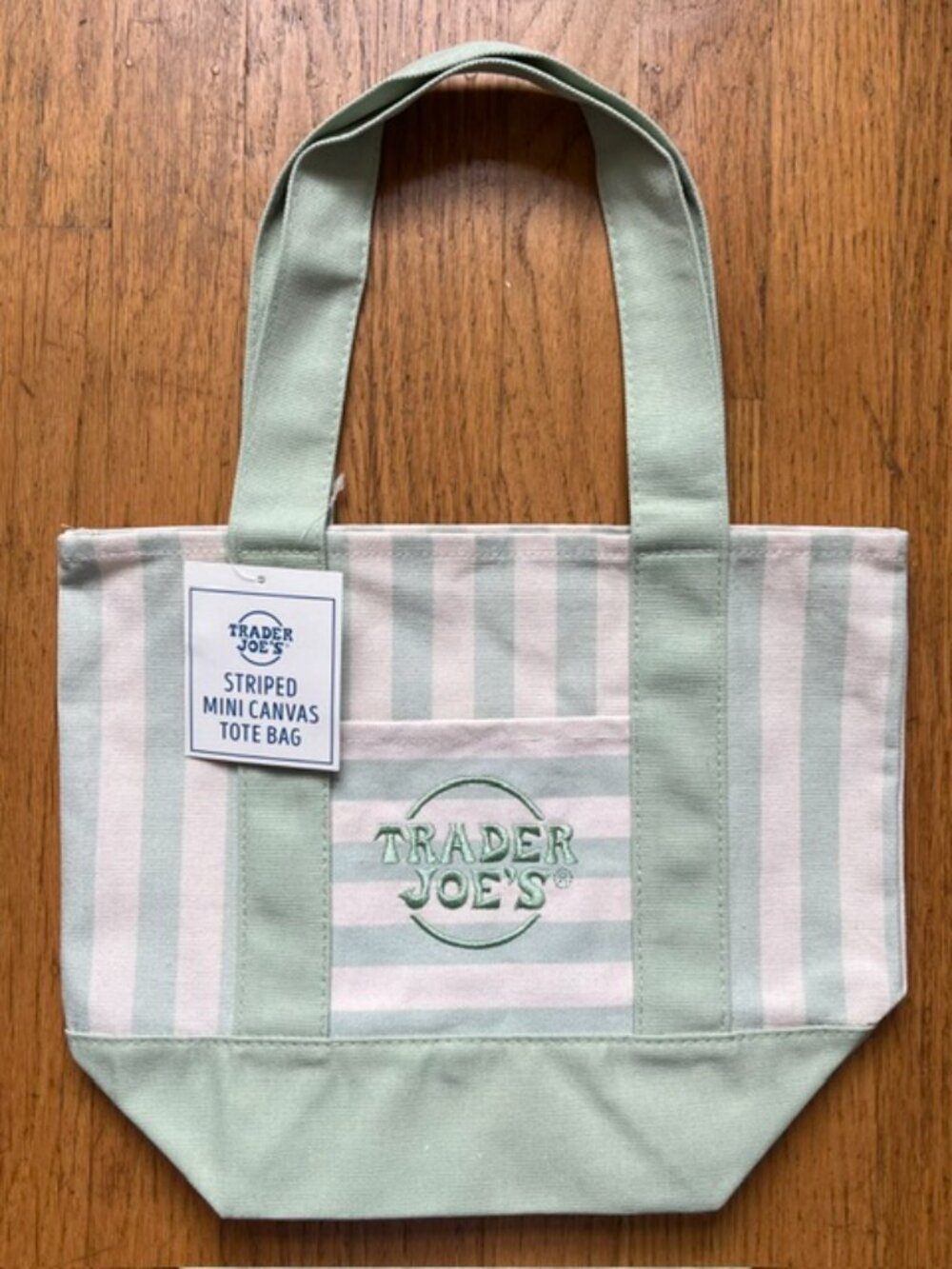 NWT Trader Joe'S Striped Mini Canvas Tote Bag in Pastel Green